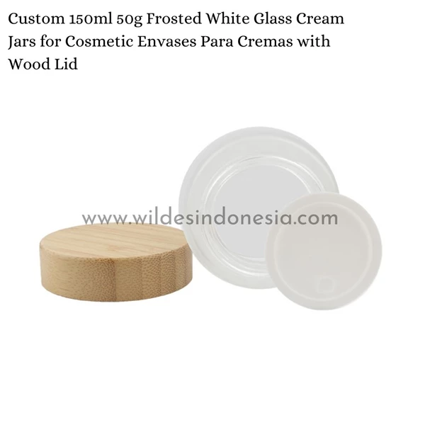 CREAM JAR FROSTED WHIITE GLASS WITH WOOD LID 50G 150ML