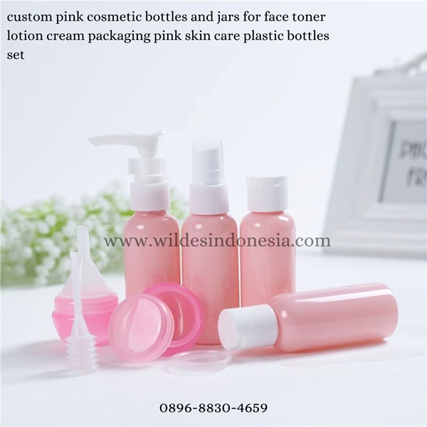 CUSTOM PINK COSMETIC BOTTLES AND JAR FOR FACE TONER LOTION CREAM SET