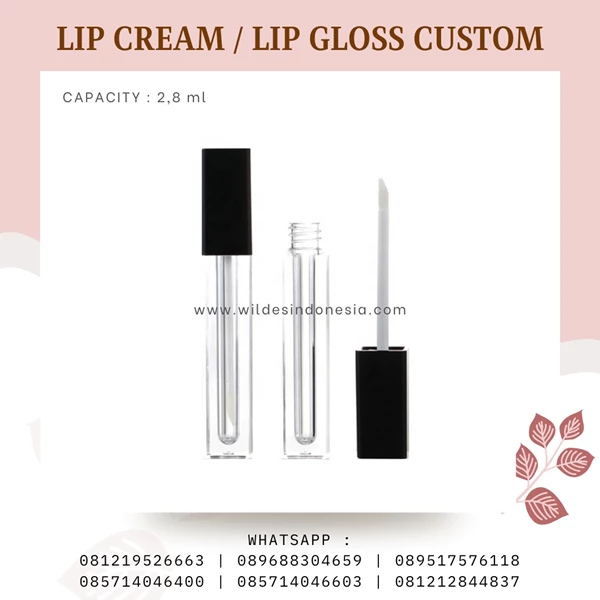kemasan kosmetik lip gloss atau lip cream polosan dengan tutup hitam bisa custom warna  2.8ml dan 3ml